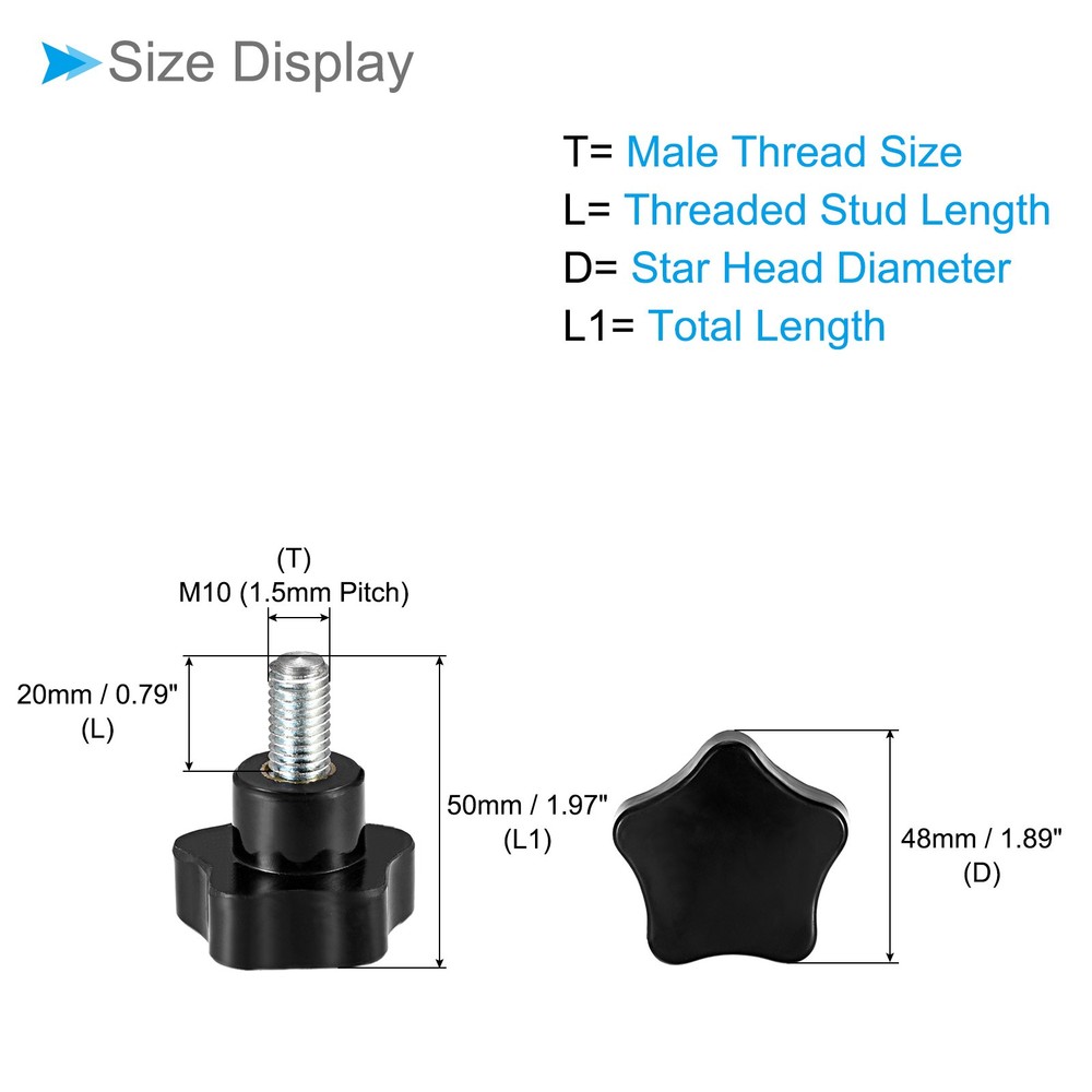 Star Clamping Knobs, M10 x 20mm Thread 48mm Head, Thumb Screw Grip, 2-Pieces