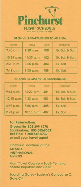Pinehurst Airlines timetable 1981/08/14