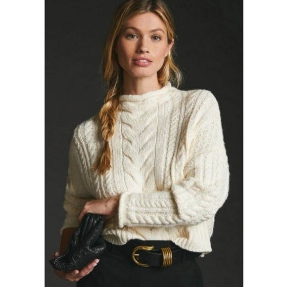 Anthropologie Pilcro blue cable knit rolled mock pullover sweater medium