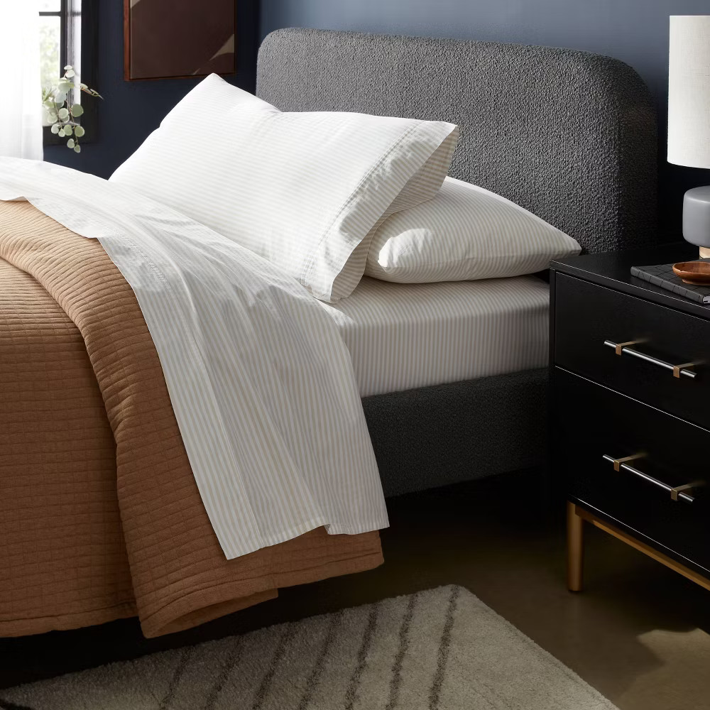 King Organic Percale Sheet Set Khaki/White Stripe - Threshold
