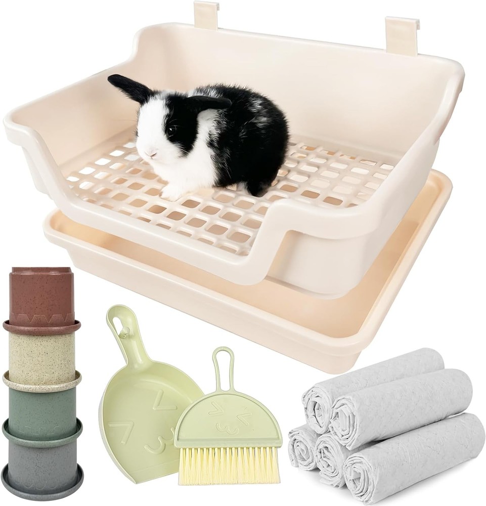 Large Rabbit Litter Box w/Plastic Grid & Dump Tray-Bunny Litter Pan Small Ani...