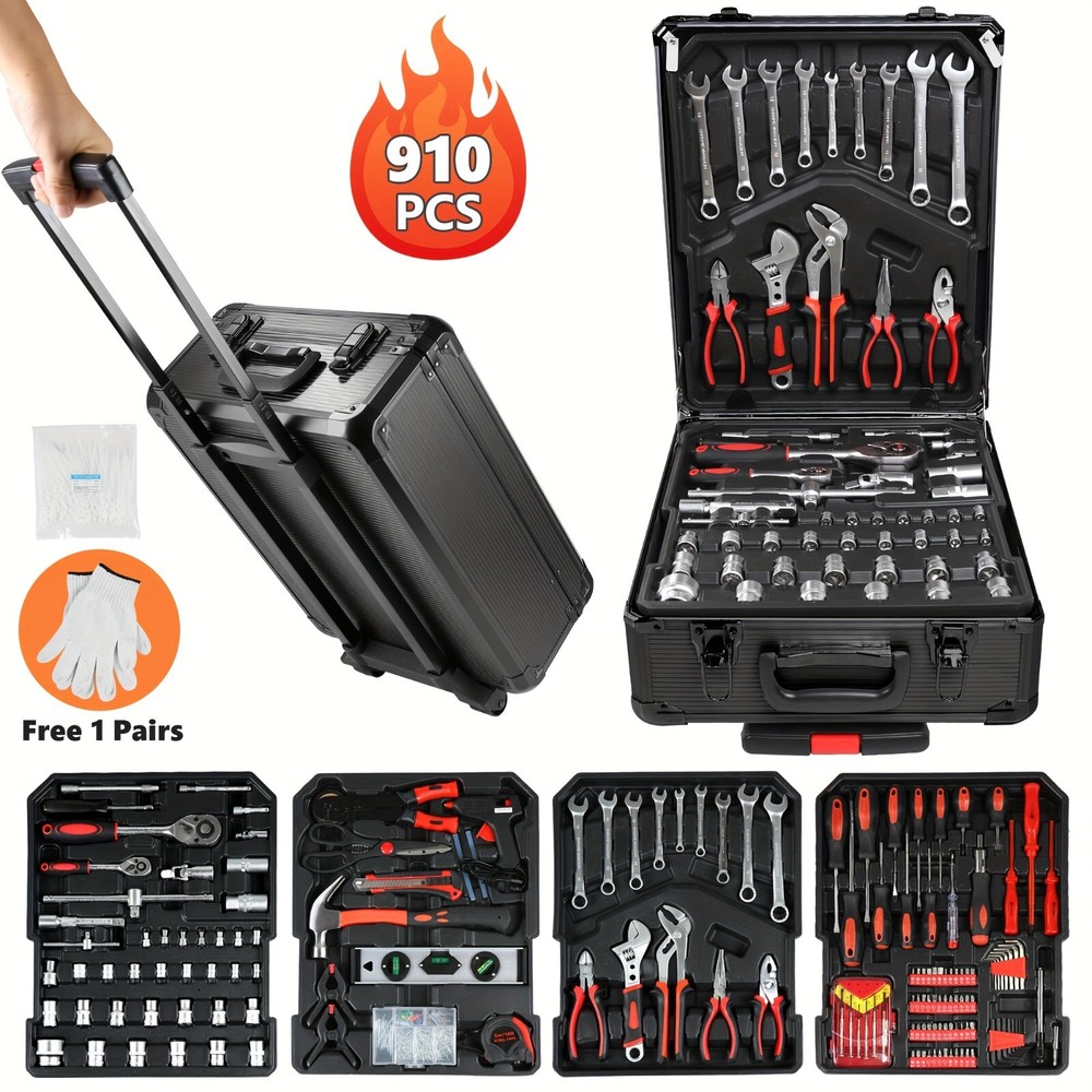 910-Pc Pro Tool Set w/4-Drawer Rolling Case - Complete Home & Auto Kit, Black