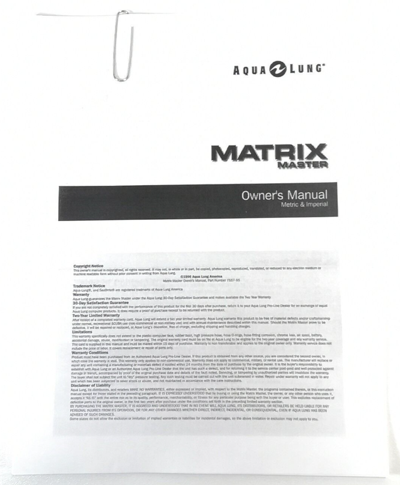 US Divers / Aqua Lung Matrix MASTER Scuba Dive Computer Printed Manual SeaBrite