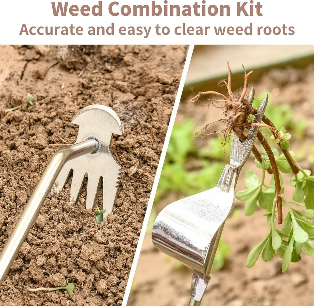 Hand Weeder Tool, 4 Teeth Dual Purpose Weed PullerStainless Steel 3Pcs...