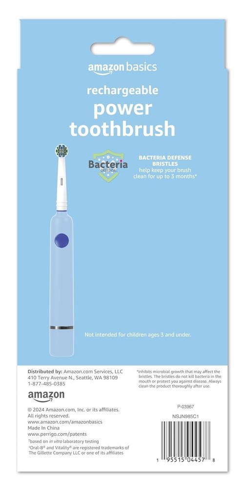 Amazon Basics Power Rechargeable Toothbrush EasyFlex Bacteria Defense Timer