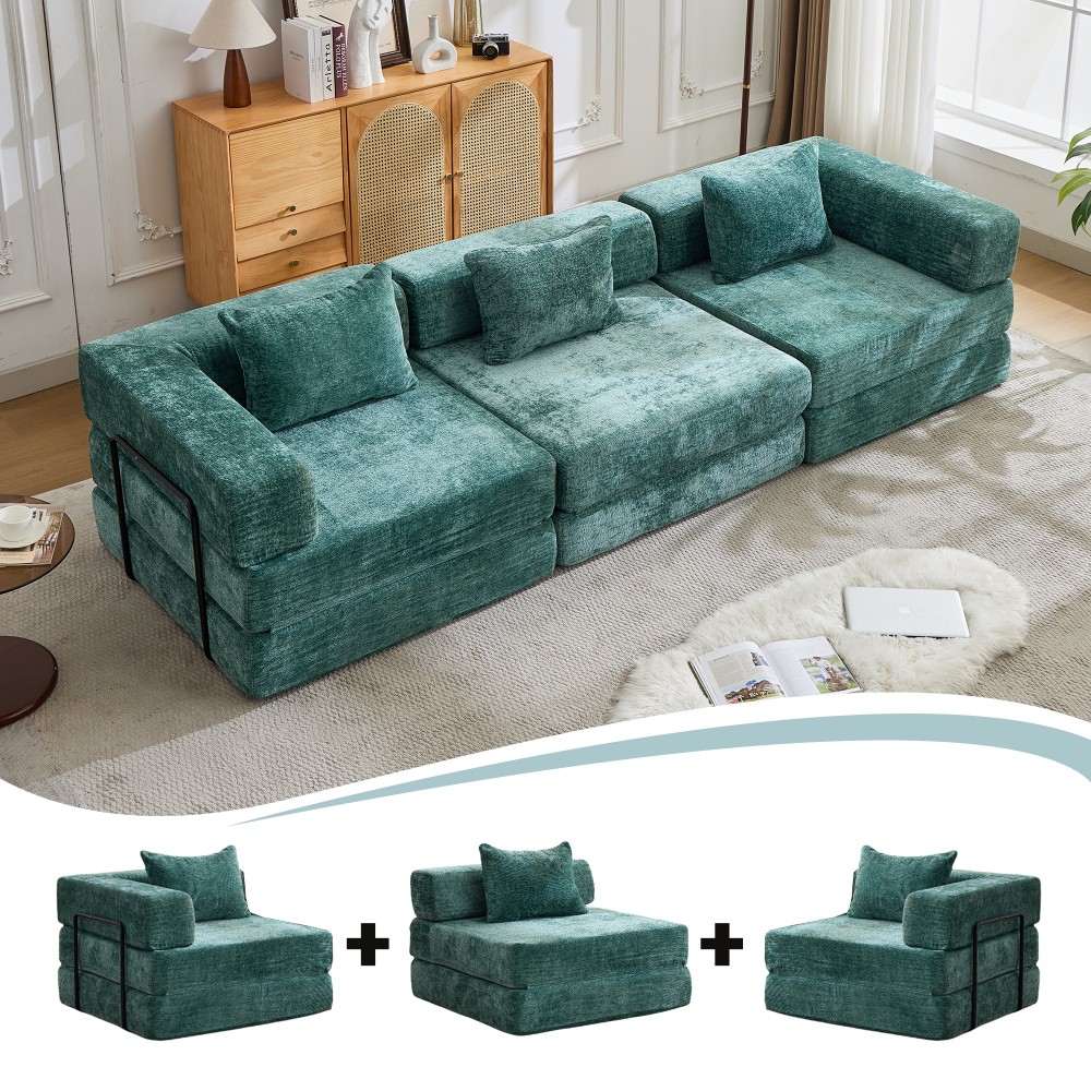 Convertible Floor Sofa Bed w/ Fixed Frame, Chenille Fabric, Dark Green