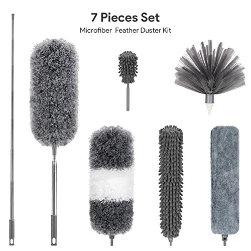 7 PCS Microfiber Feather Duster Set, Washable Bendable Cobweb Cleaner with 100"
