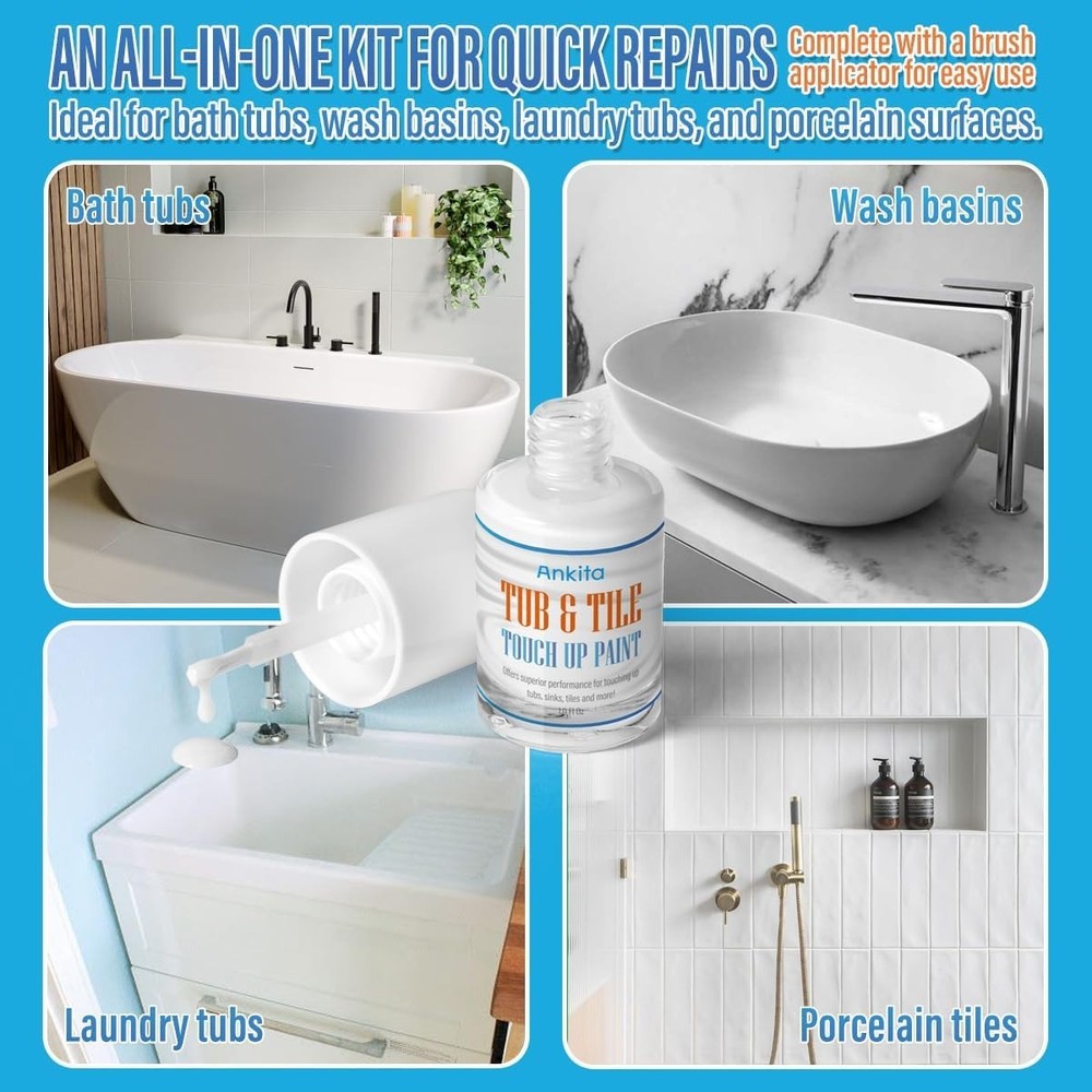 High-Gloss White Tub & Tile Paint - Quick-Dry Waterproof Solution, 1 Fl Oz