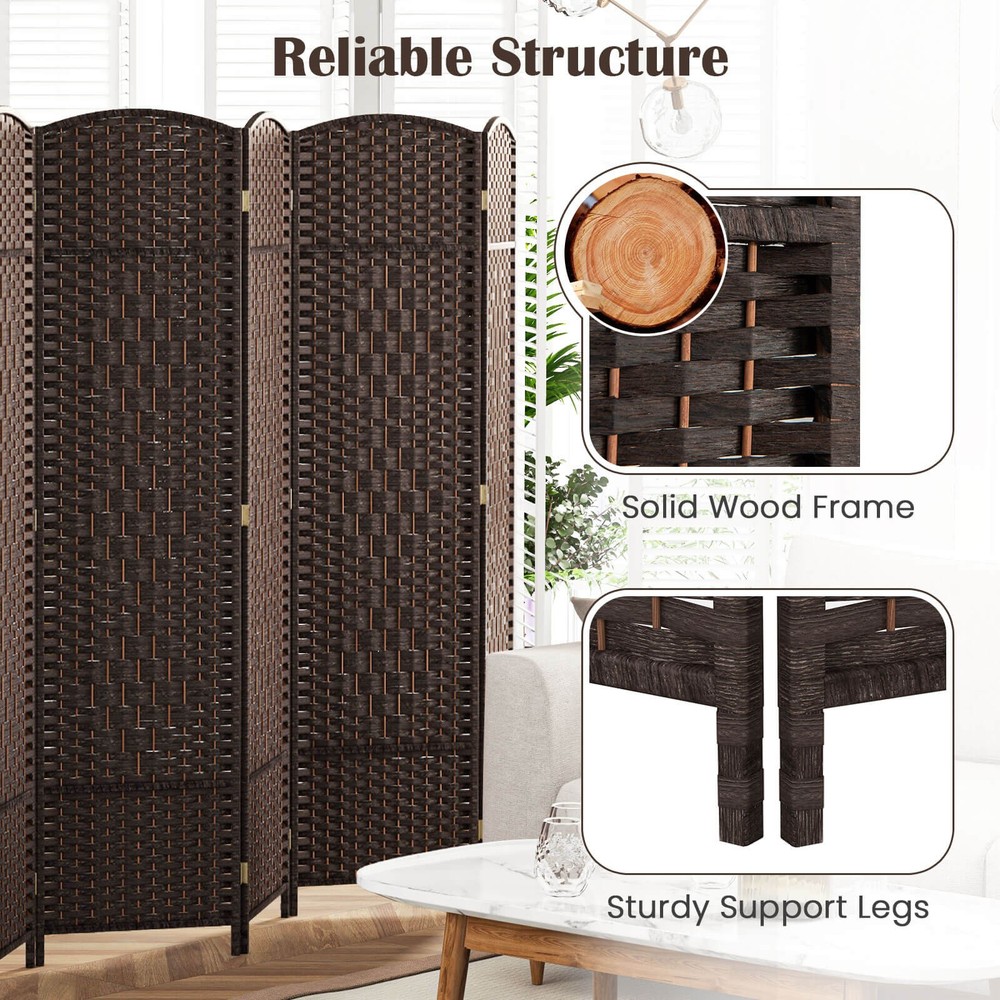 8-Panel Room Divider 6 FT Tall Folding Privacy Screen w/Solid Wood Frame
