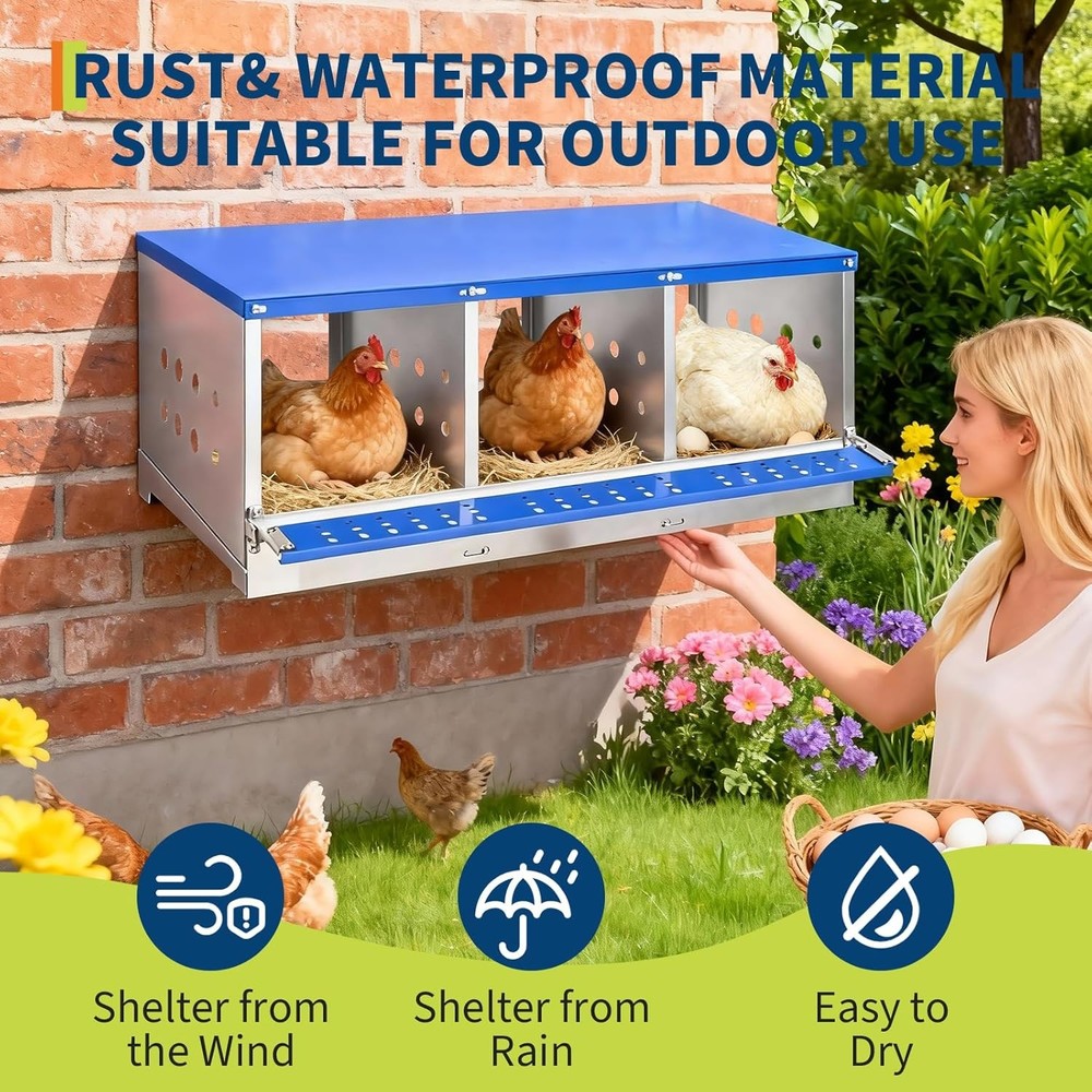 3 Compartment Chicken Nesting Box, Heavy Duty Galvanized Steel Laying Box