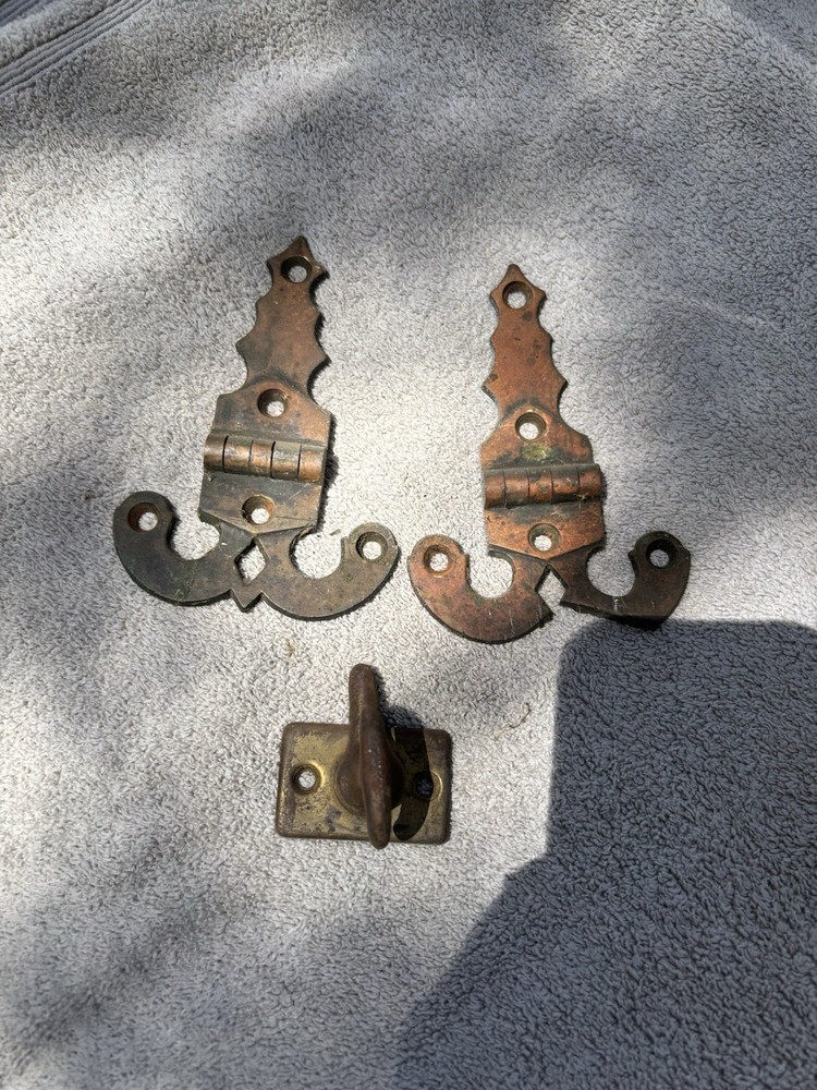 Antique Vintage Hardware Solid Brass Strap Hinges Latch Fancy Ornate Ice Box