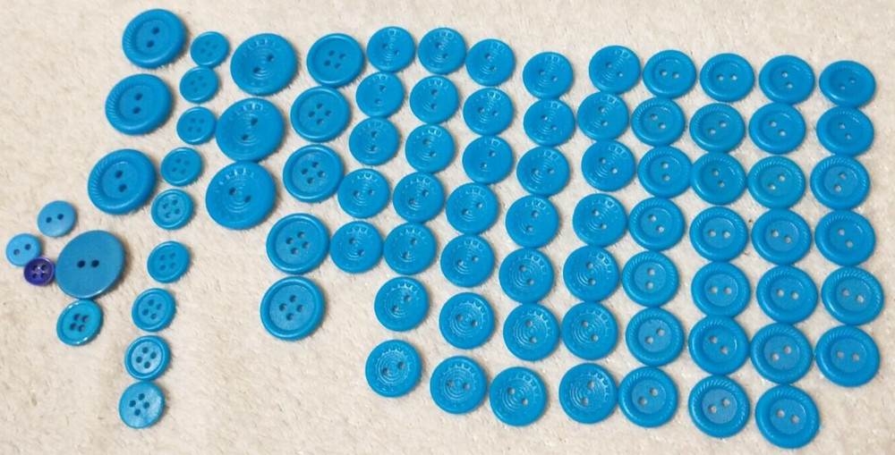 Buttons 70+ Blue Medium - Small sized Blue Plastic Craft Round Two Holed BA8