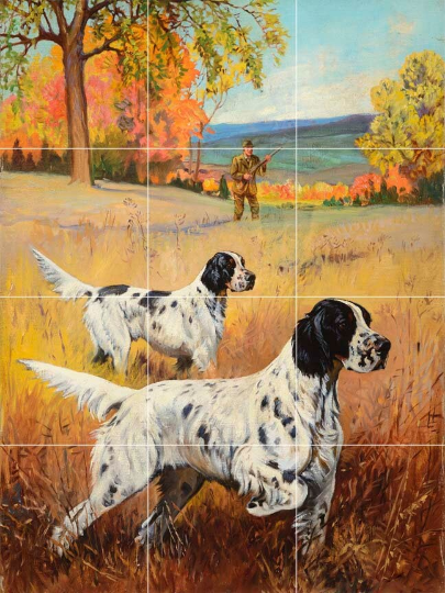 hunting with dog setter pointer game bird shooting ceramic tile mural backsplash
