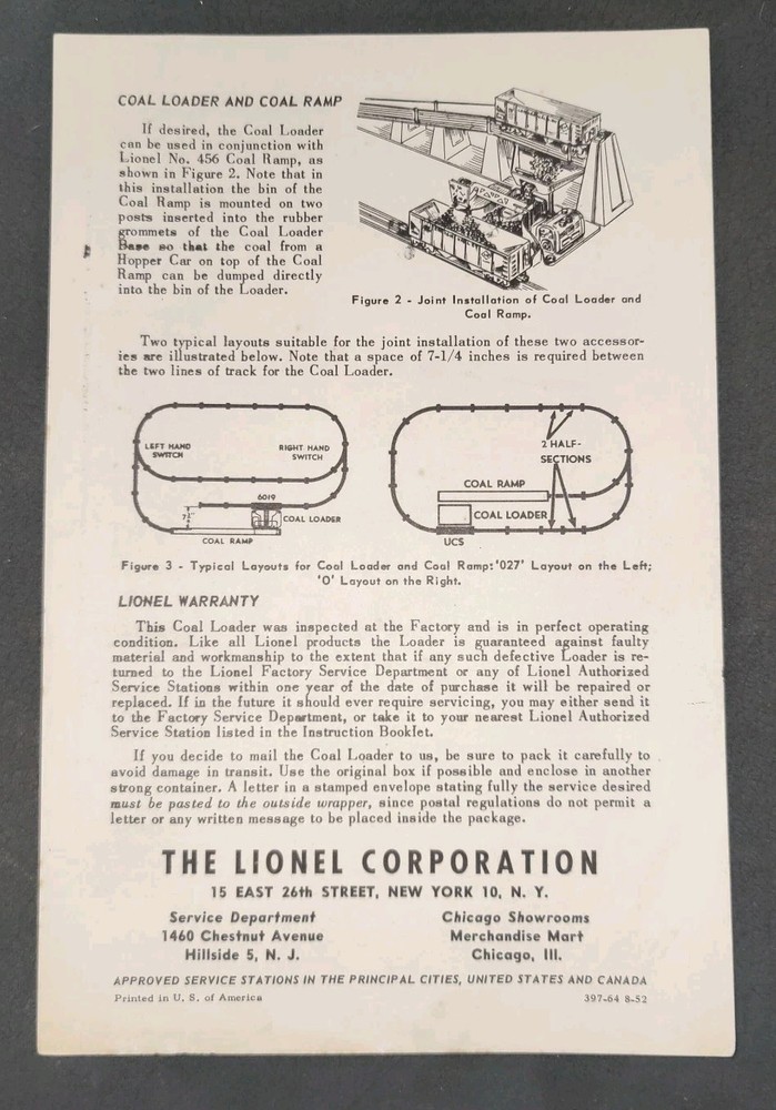 Orig Postwar Lionel #397 Coal Loader Operating Guide & 364C Controller (No Wire)