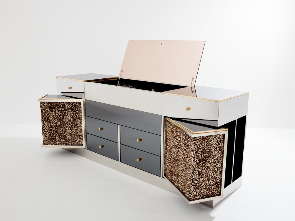Michel Pigneres brass mirrored leopard bar sideboard 1969