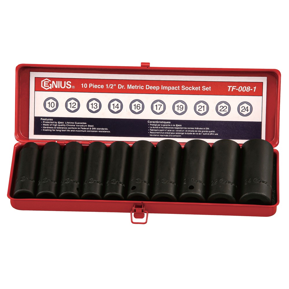 Genius Tools 10 Piece 1/2" Dr. Metric Deep Impact Socket Set - (Old Part# TF-...