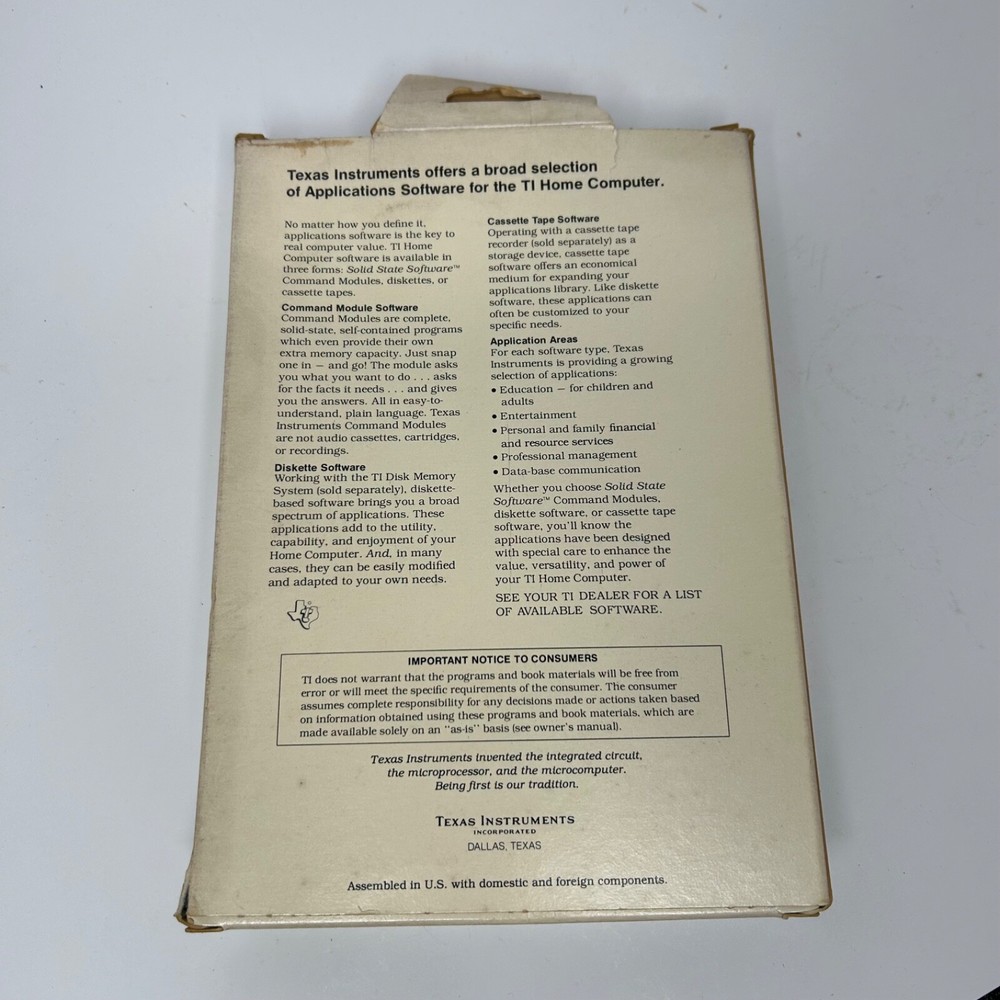 TI99-4a Home Computer Reading Flight Command Module PHM3082 Cartridge Manual Box