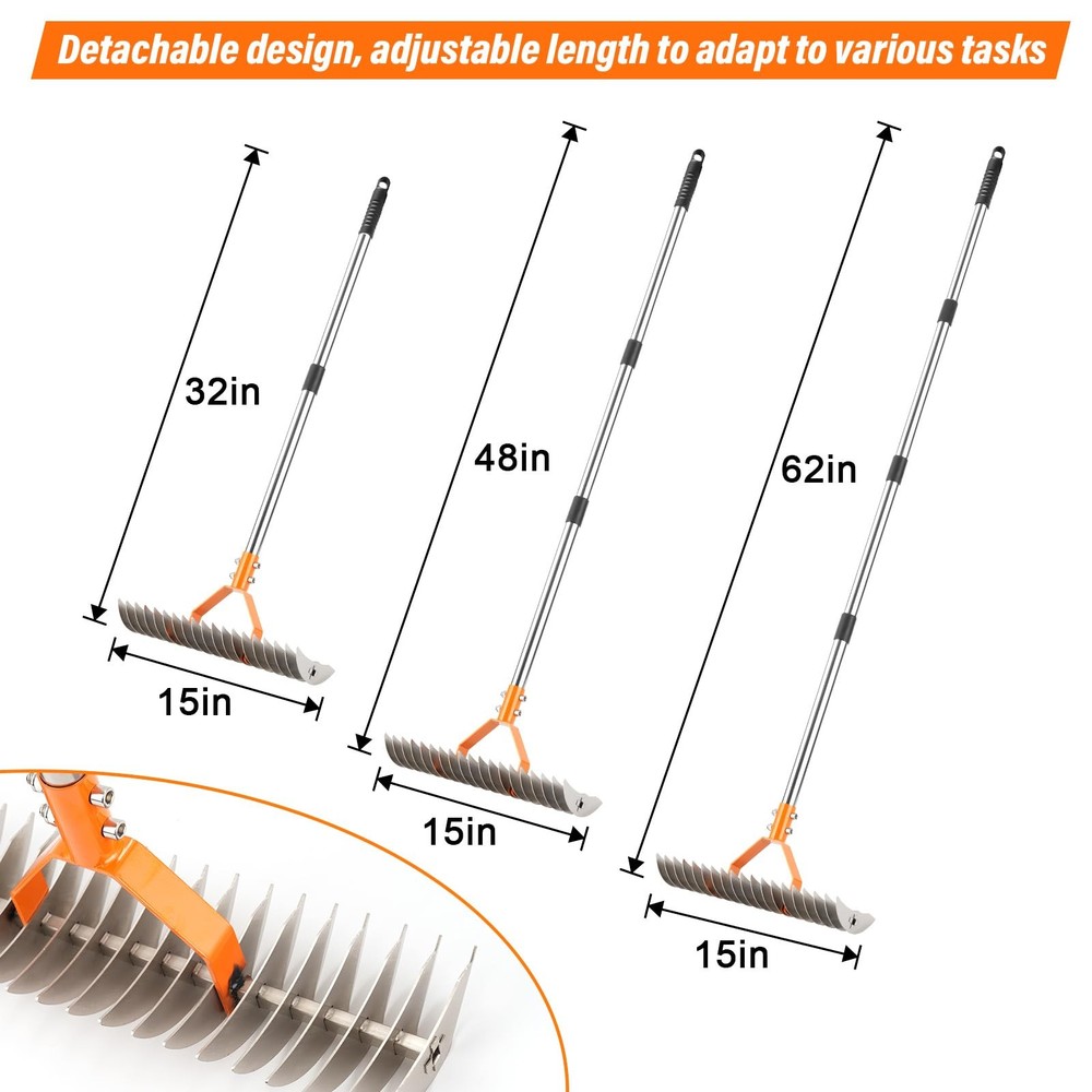 Adjustable Thatch Rake 19 Tine Lawn Dethatcher 62in Spring Yard Aerator