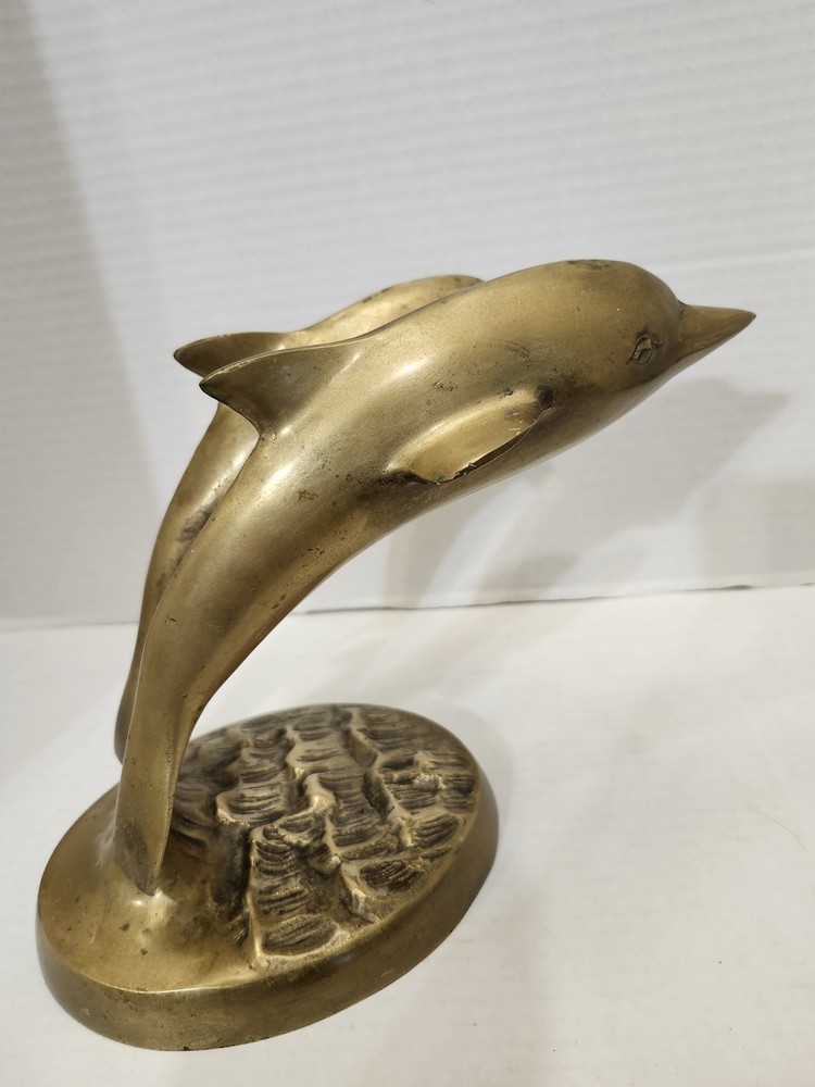 Two Brass Dolphins Leaping Over Waves Figurine 7.5 x 10.5