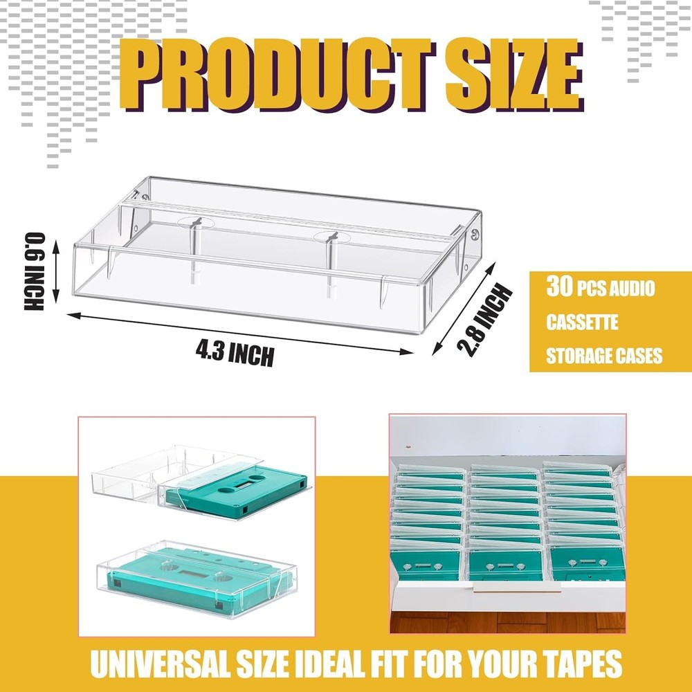 30-Piece Audio Cassette Storage Box Plastic Cassette Tape Case