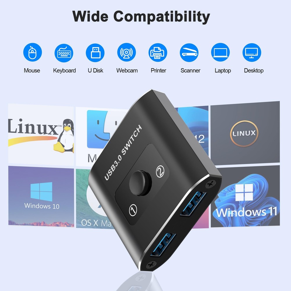 USB Switch, BiDirectional USB 3.0 Switch 2 in 1 Out/ 1 in 2 Out, USB Switcher...