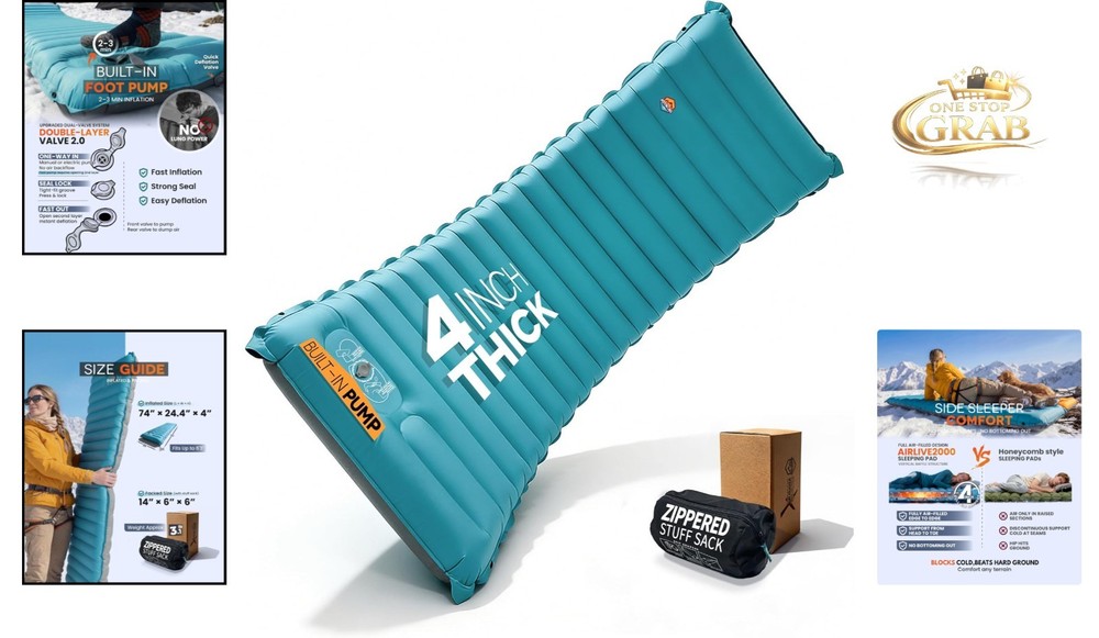 Inflatable Camping Sleeping Pad 4-Inch Thick Full Air Support Built-in Pump Blue