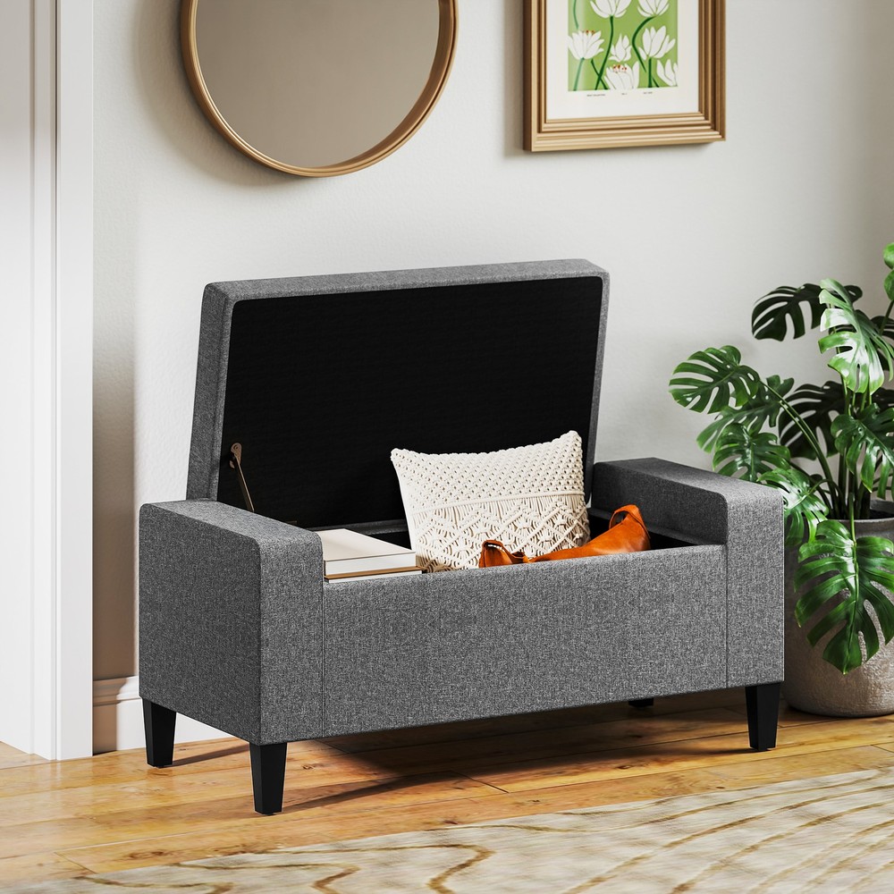 Rectangular Tufted Linen Storage Ottoman Bench with Flipping Top Gray