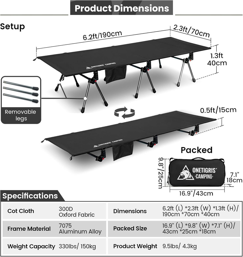 SUPRANUBIS Adjustable Camping Cot, 330Lbs Support, Lightweight & Portable Bed