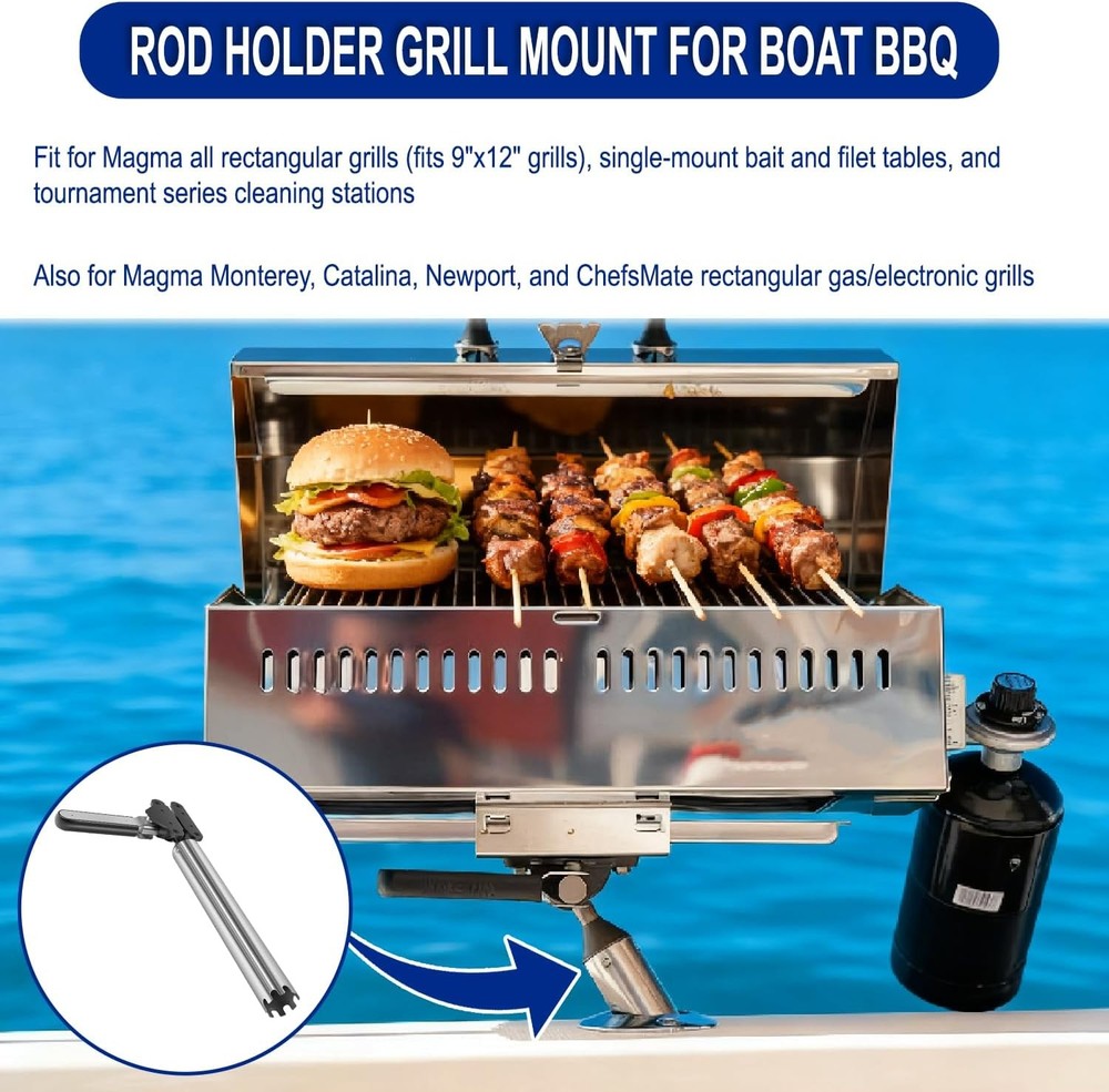 T10-355 All-Angle Adjustable Fish Rod Holder Mount For Magma Rectangular Grills