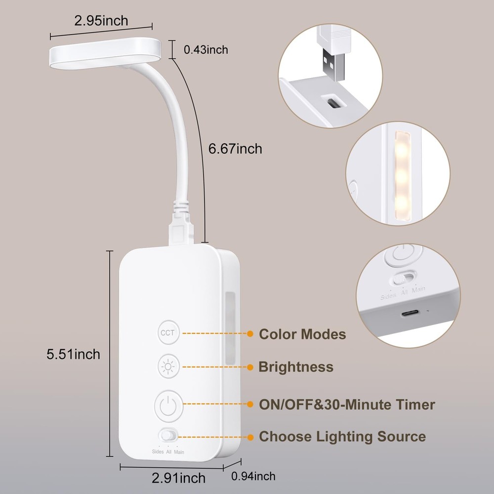 Wall Mounted Reading Light Dimmable LED Book Lights Timer USB White 1 Pack