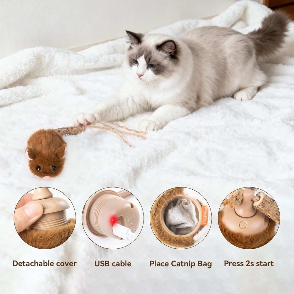 Migipaws Interactive Migimouse Cat Toy 360° Rolling & Spin with Wiggling Tail fo