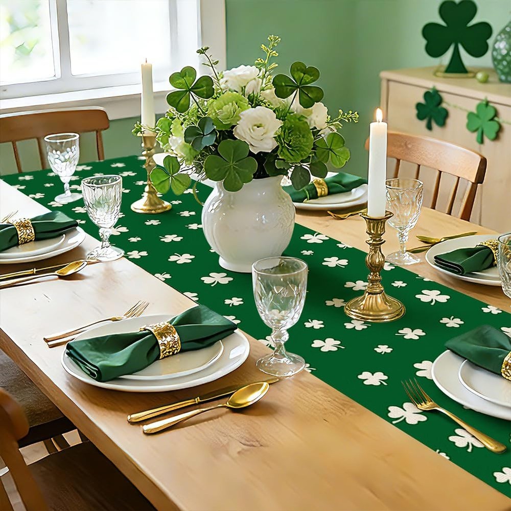 St. Patrick's Day Table Runner with White Shamrock Clover Pattern, Seasonal S...