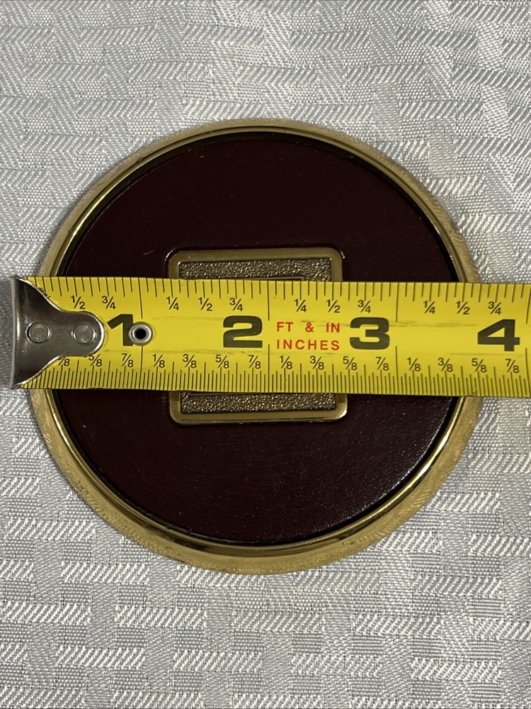 8 Vintage Solid BRASS and Brown LEATHER M MG COASTERS