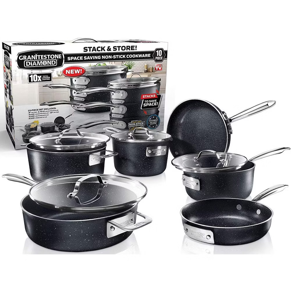 Granitestone Pots and Pans Set 10 Pc Stackable Space Saving Nonstick Cookware