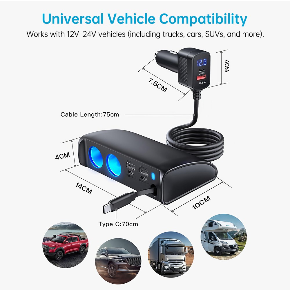 Cigarette Lighter Adapter Socket USB QC3.0 + PD3.0 2 Socket Outlet Splitter