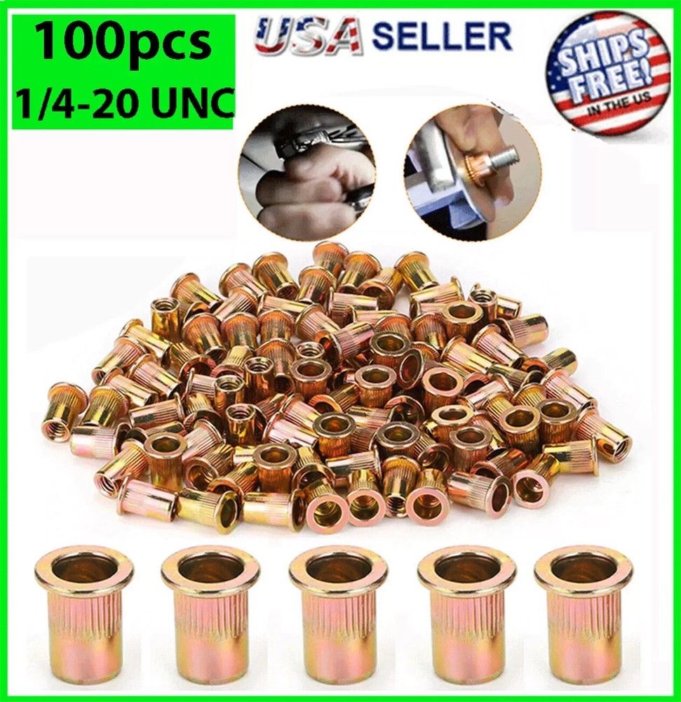 100 Pcs RIVET NUT Flat Head Threaded Insert 1/4-20 UNC Carbon Steel Nutsert SAE