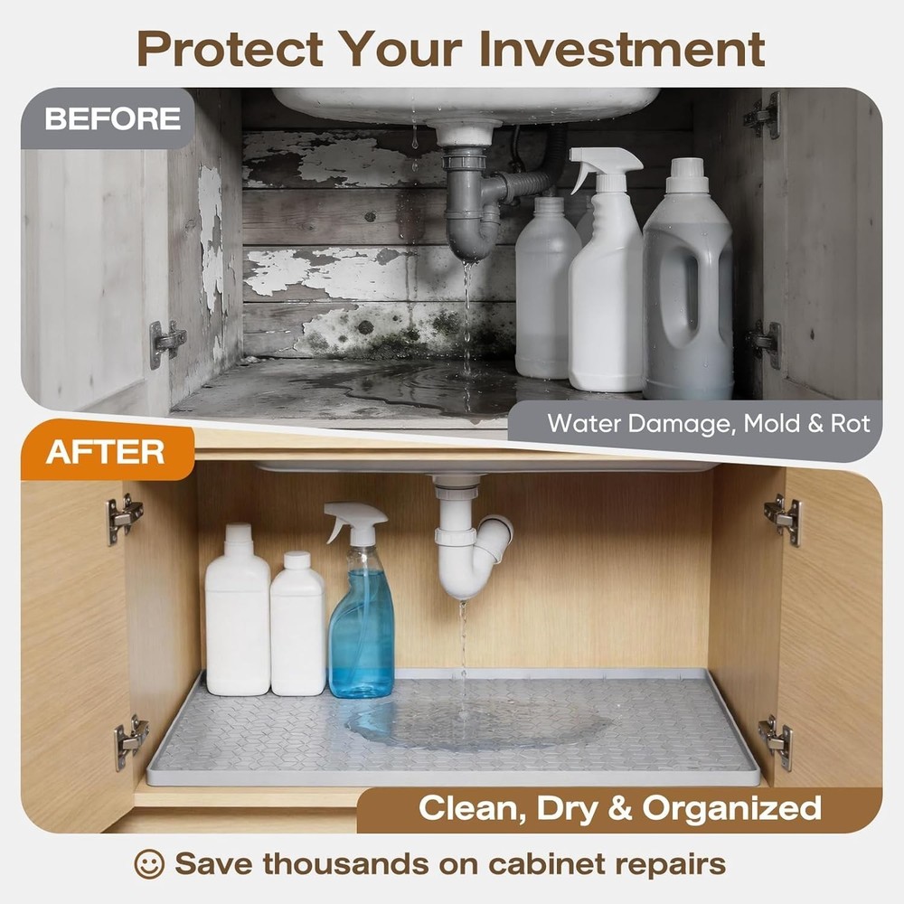Silicone Waterproof Under Sink Mat 34" x 22", Drip Tray and Cabinet Liner for...