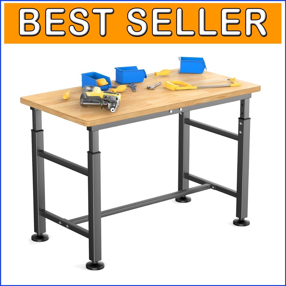 2000 lbs Capacity Rubber Wood Worktable, Adjustable Height for Versatile Use