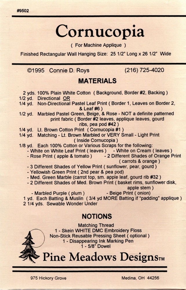 "Cornucopia" ©1995 Pine Meadows Designs Sewing Craft Quilting Pattern # 9502