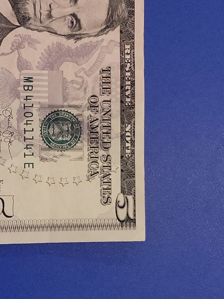 $FIVE DOLLAR BILL Trinary Repeater Fancy Serial Number with bleed through error!