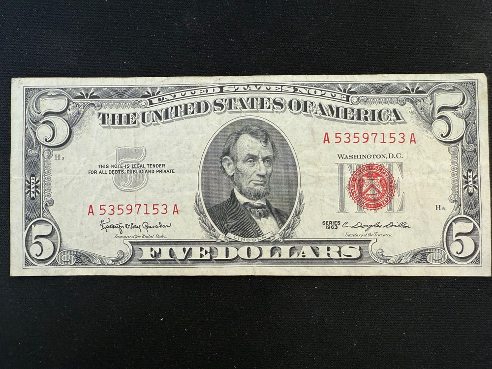1963 Five Dollar Red Seal $5 Red Seal Note US, 1 Note