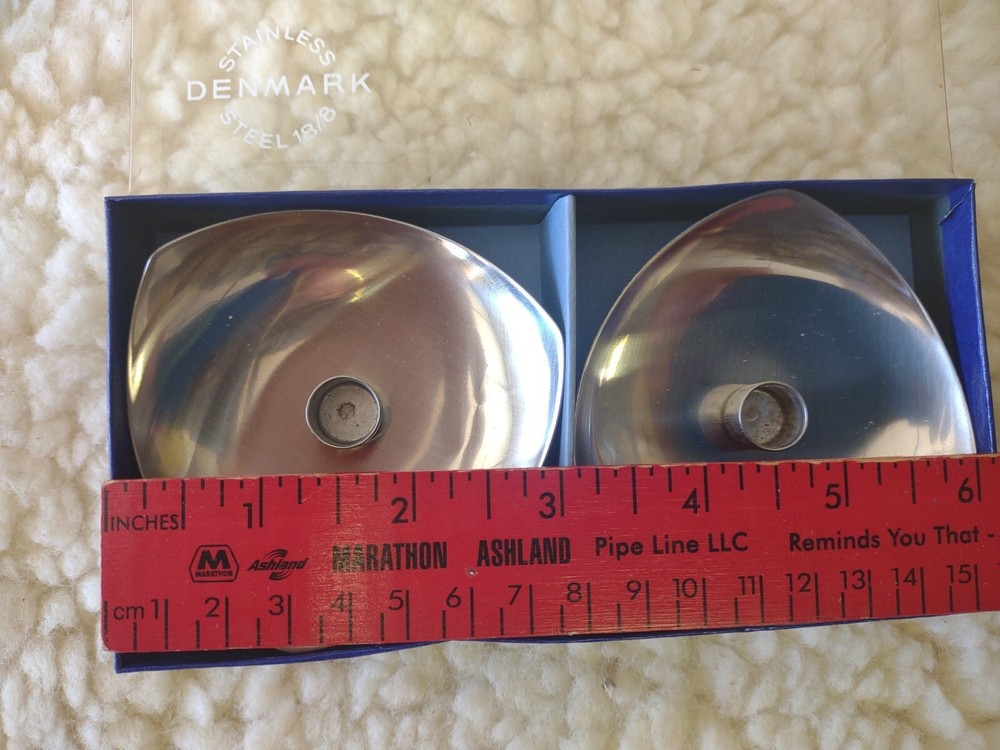 Hyslop Stainless 18/8 pair triangular taper candleholders Denmark w. box