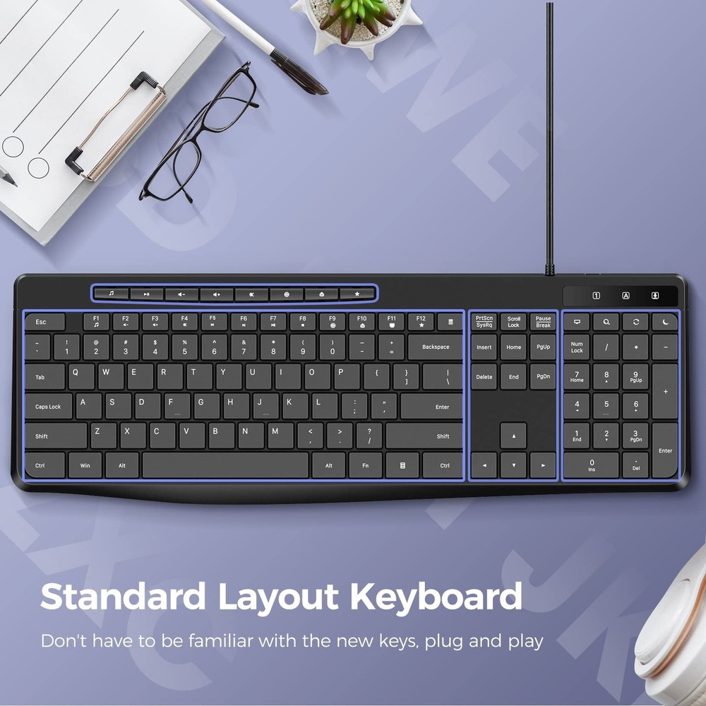 Wired Keyboard,Quiet Keyboard, Multimedia USB Computer Keyboard, Silent Keybo...