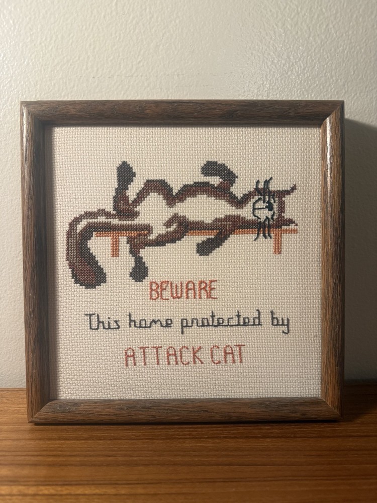 Cross Stitch Cat Picture "Beware This Home Protected By Attack Cat" Framed
