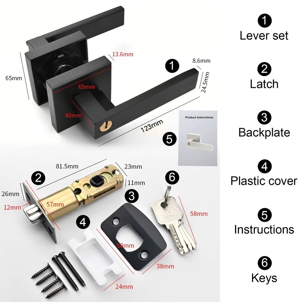 15pcs Black Door Lever Heavy Duty Passage Handle Interior Square Knobs W/ Keys