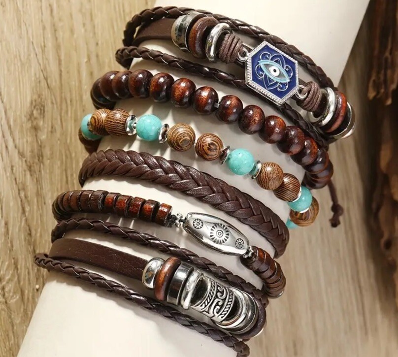 6 PC Leather Punk Bracelet Stackable Adjustable Tie New Free Ship B2852