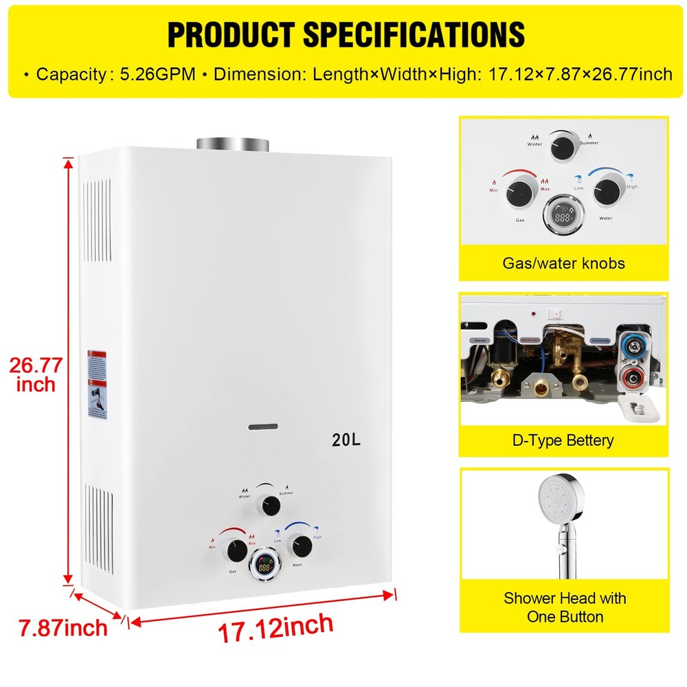 Tankless Water Heater Propane 5.26GPM 20L Outdoor Portable Gas Hot Water Heat...