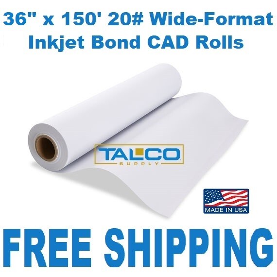 (4) 36" x 150' 20# InkJet Bond CAD Plotter Paper Rolls - 2" Core 92 Bright White