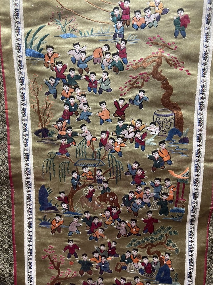 Chinese Silk Needlepoint Textile Tapestry Panel 100 One Hundred Happy Children