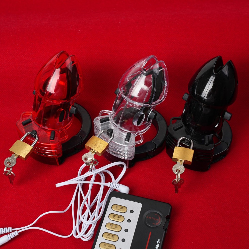 Male E-Stim Shock Lockable Chastity Belt Device Ring Cage Stretcher Adjustable